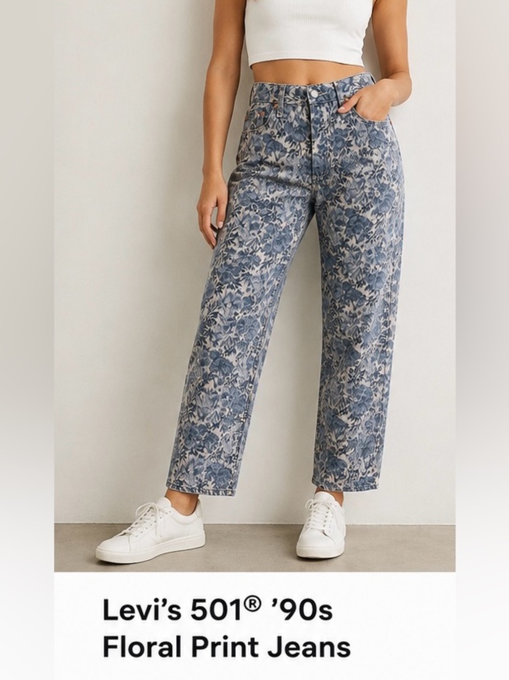 328. Levi's Floral-Print Straight Leg Jeans in Blue and White